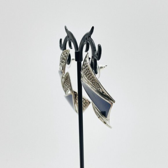 Berebi Signed Blue Enamel Triangle Earrings Textured Silver Tone Curved Zig Zag - Picture 7 of 11